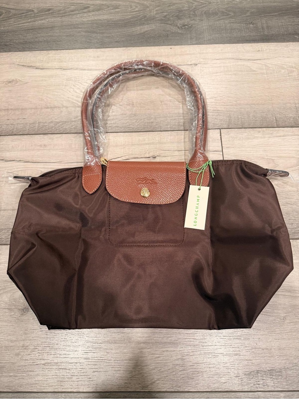 Longchamp Brown Nylon Tote with Chestnut Leather Trim and Handles size-medium